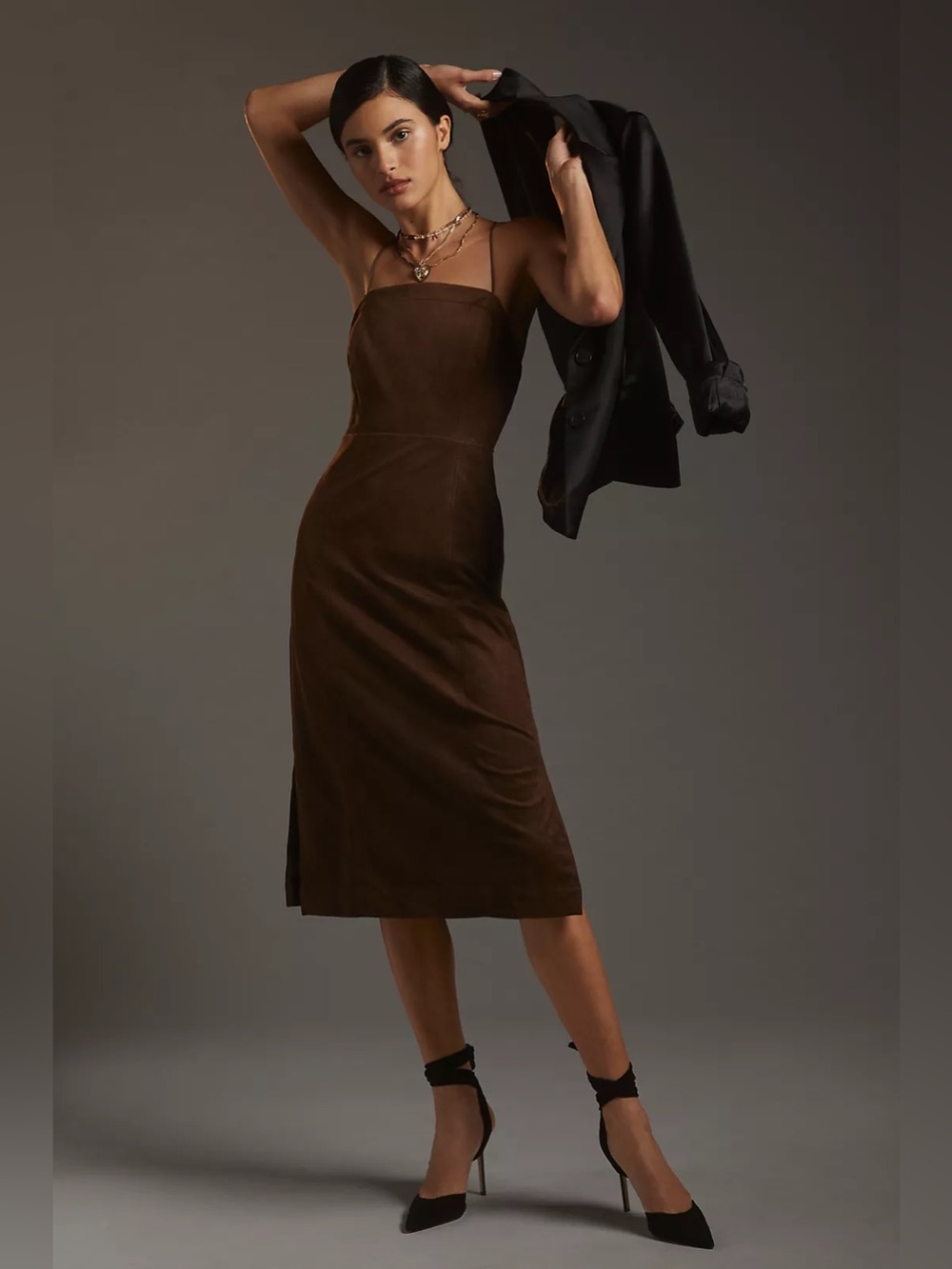 By Anthropologie Strappy Faux Suede Midi Slip Column Dress Sz 6 brown chocolate